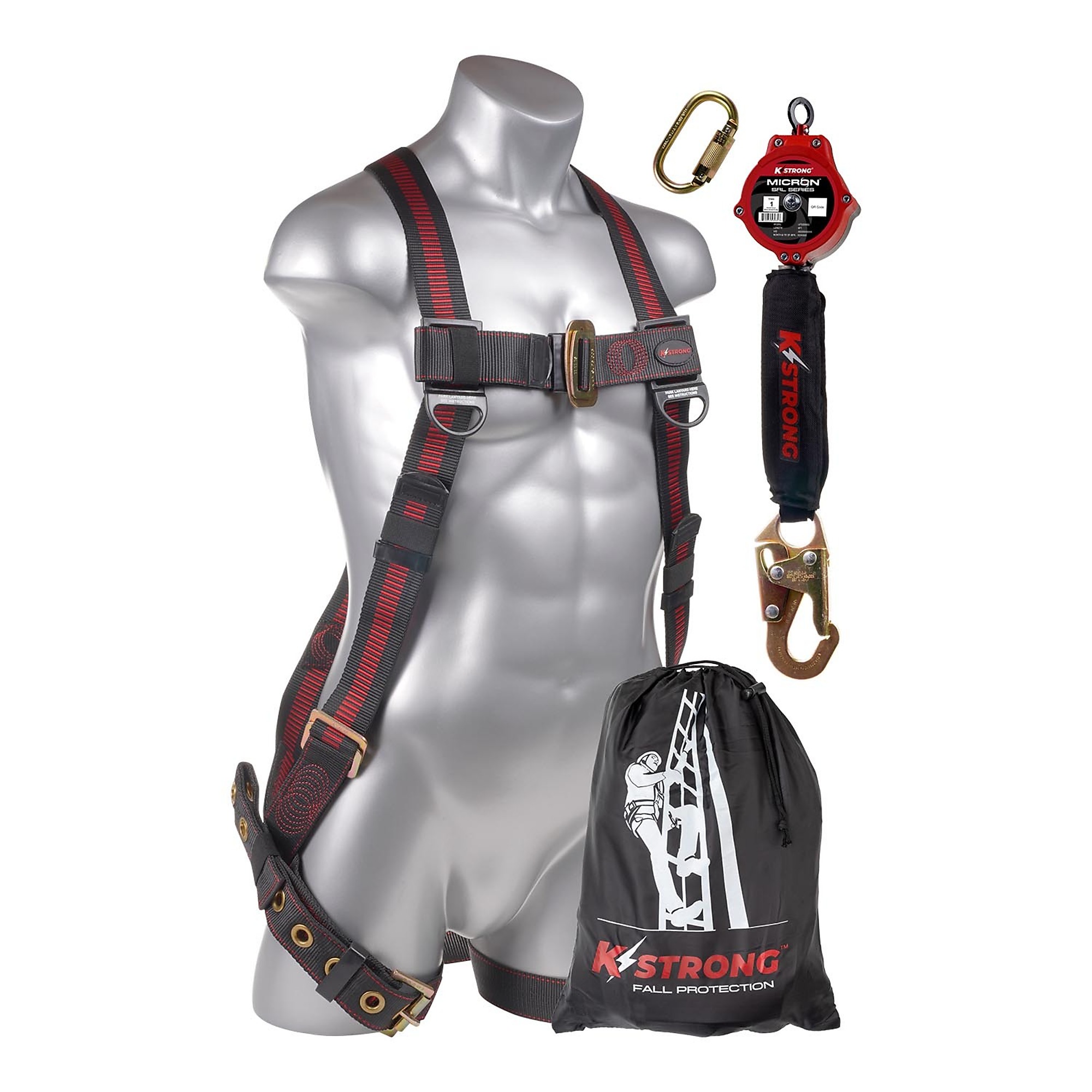 KStrong Combo Kit with Elite 5-Point Full Body Harness — XL-2XL, Dorsal D-Ring, TB Legs, 6ft. Micron SRL with Snap Hook, Storage Bag, Model# UFK20510-XL-2XL